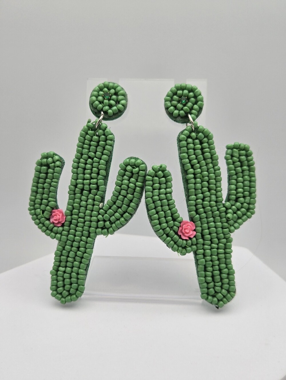 Hand Beaded Saguaro Cactus Earrings Green Seed Bead Boho Western 3.25" New